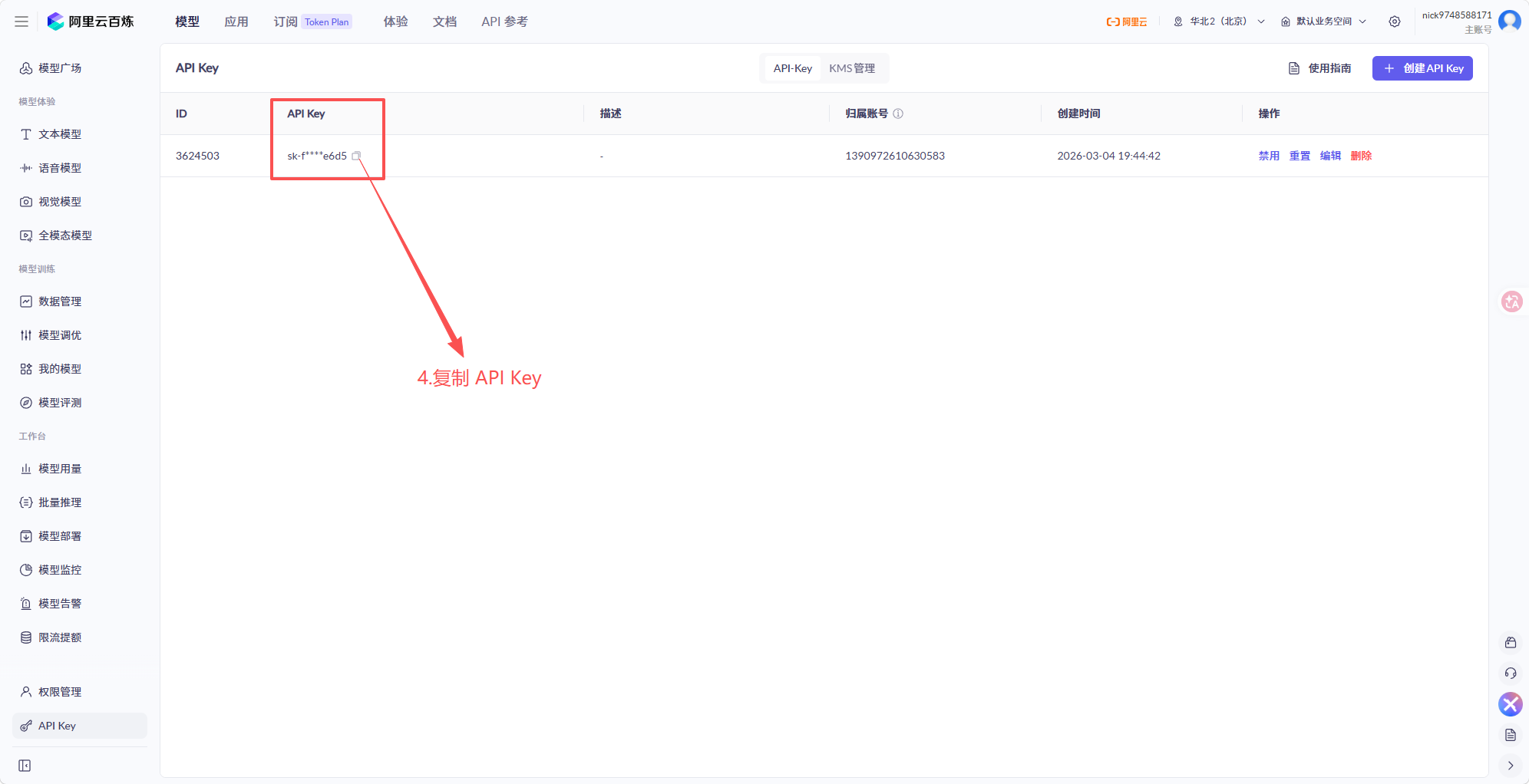 复制API Key